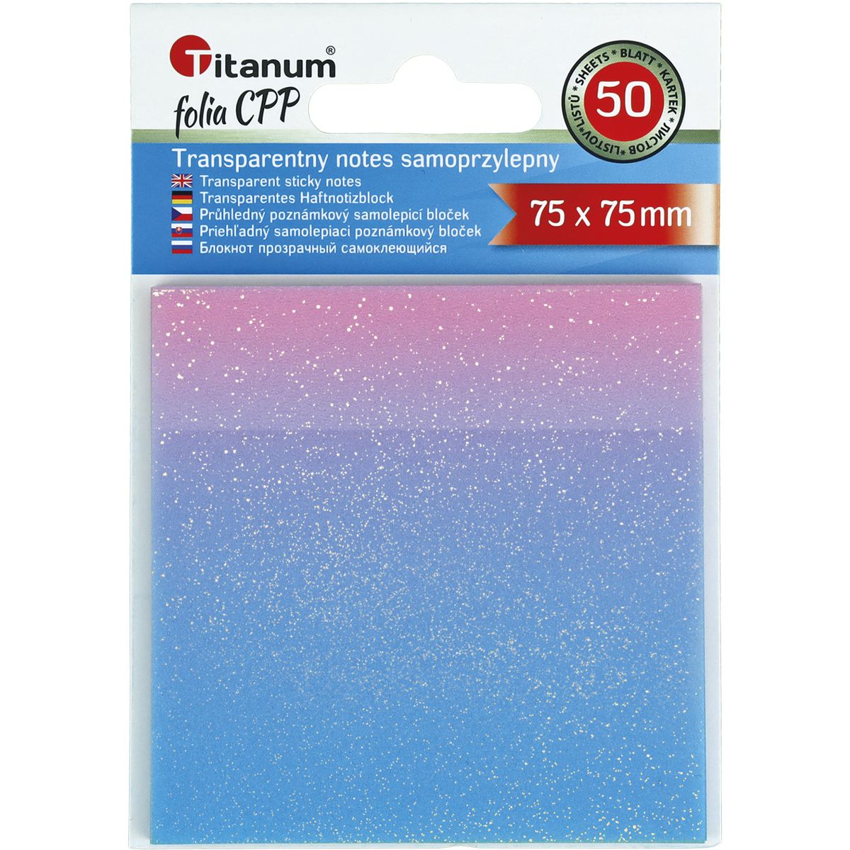 Notes samoprzylepny (karteczki) Titanum transparentne, z polipropylenu 75x75 mix 50k [mm:] 75x75