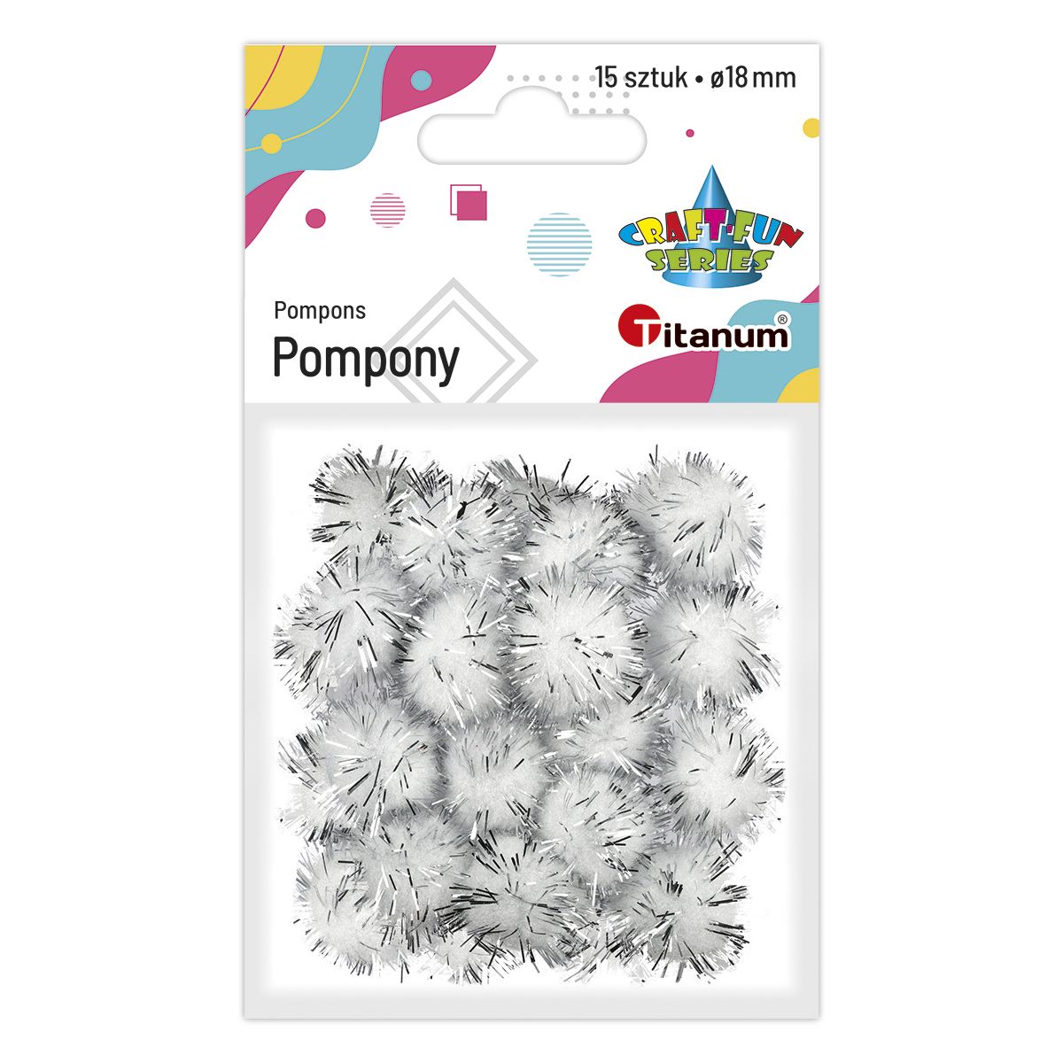 Pompony Titanum Craft-Fun Series brokatowe białe 15 szt (338524)