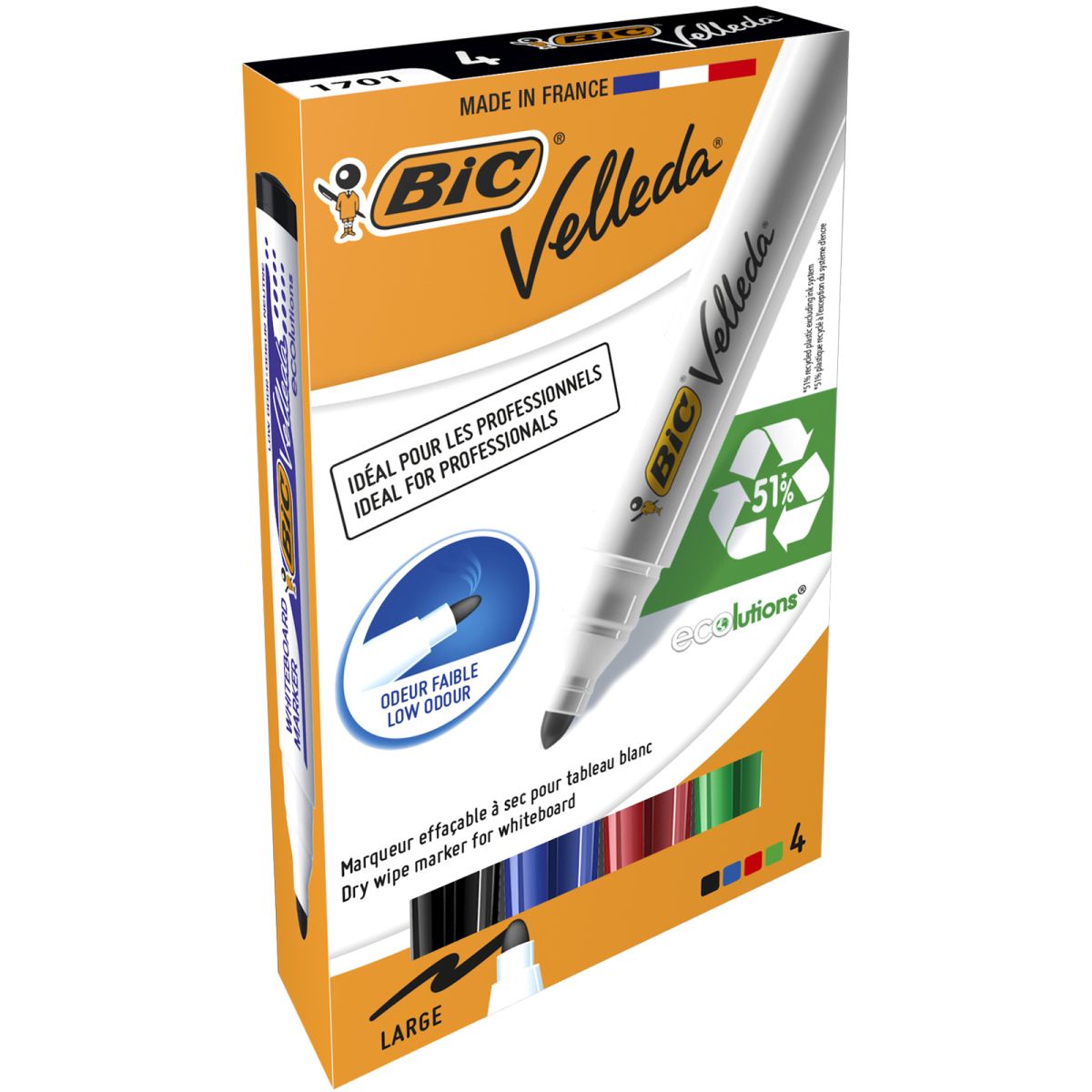 Marker suchościeralny Bic Velleda Ecolutions 1701 komplet 4 szt, mix 1,5mm okrągła końcówka (904941)