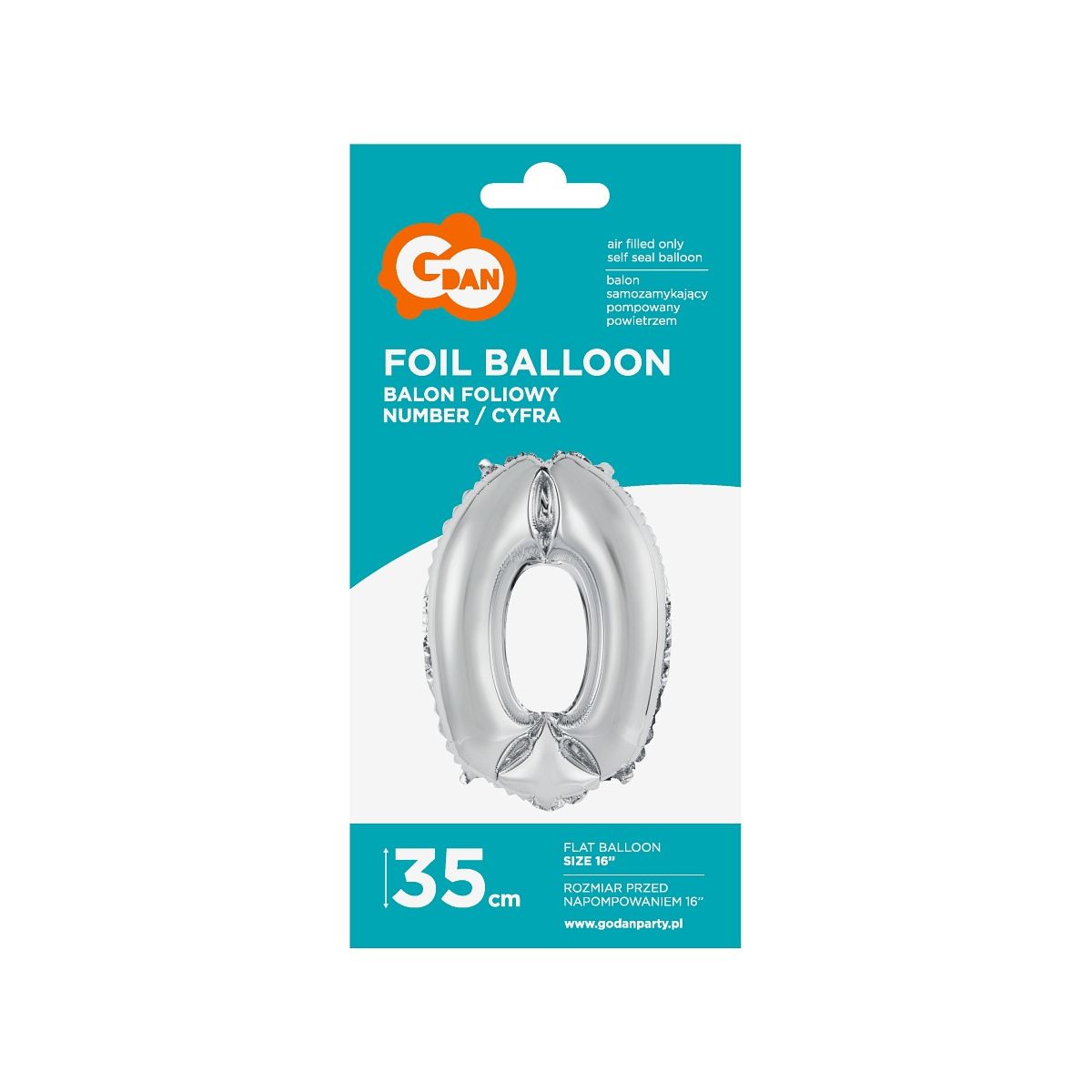 Balon foliowy Godan cyfra 0 srebrny 35 cm (FG-C35S0)