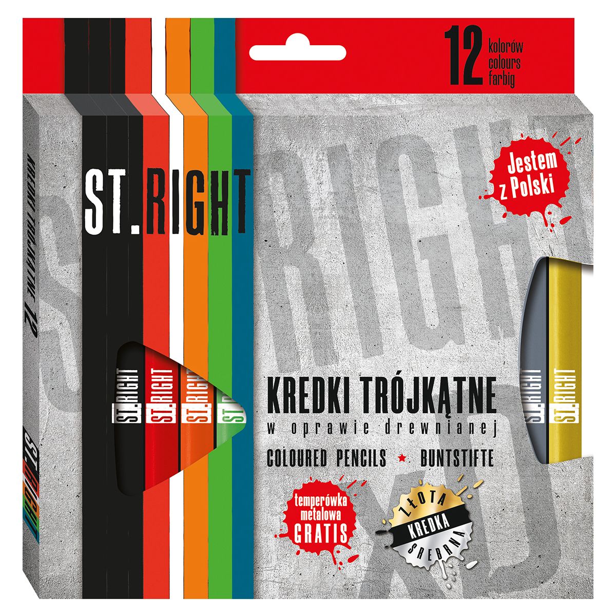 Kredki ołówkowe St.right trójkątne 12k + temperówka 12 kol. St.Majewski (5903235633294)