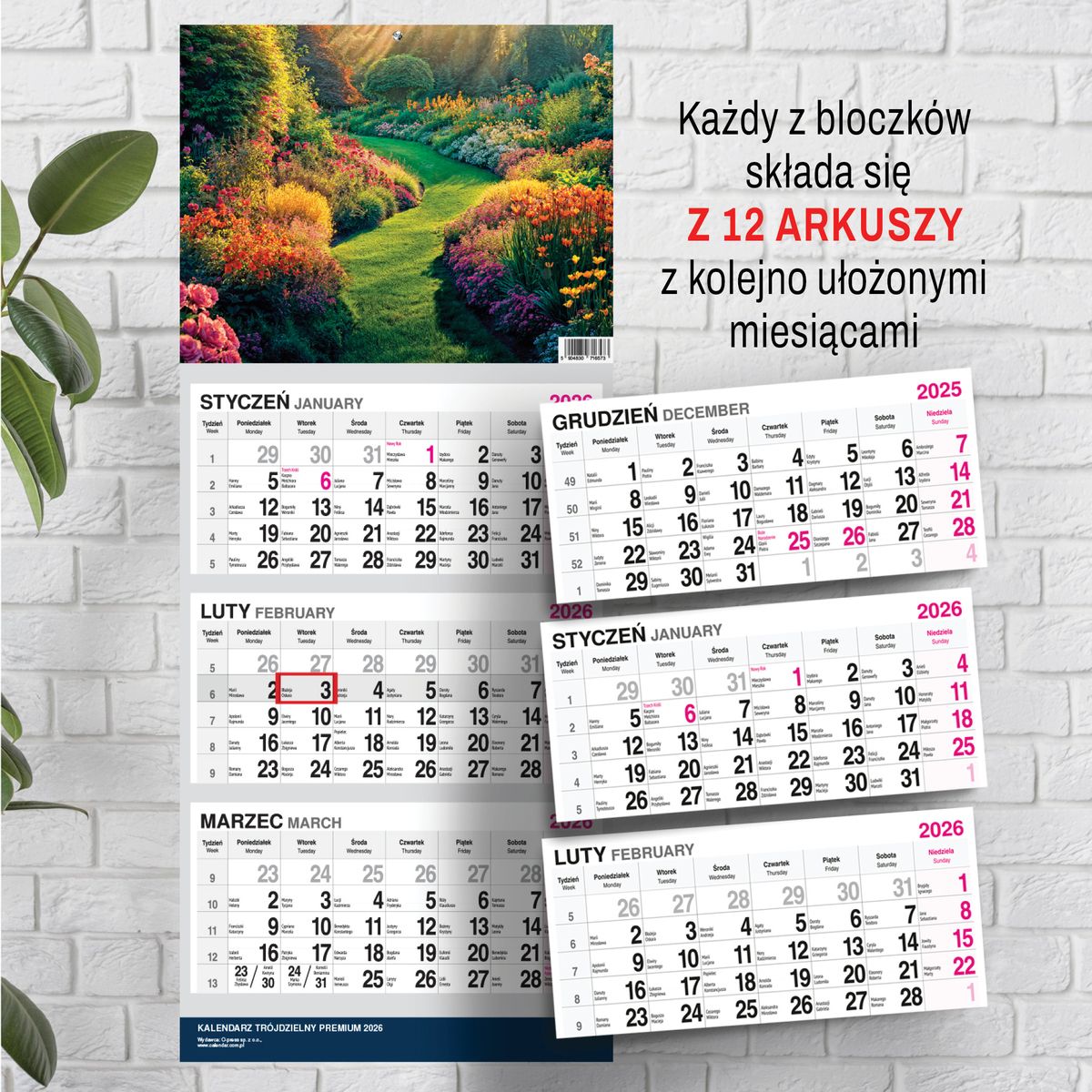 Kalendarz ścienny (401000) k:2915-377 PREMIUM trójdzielny A4 Press (OGRÓD)