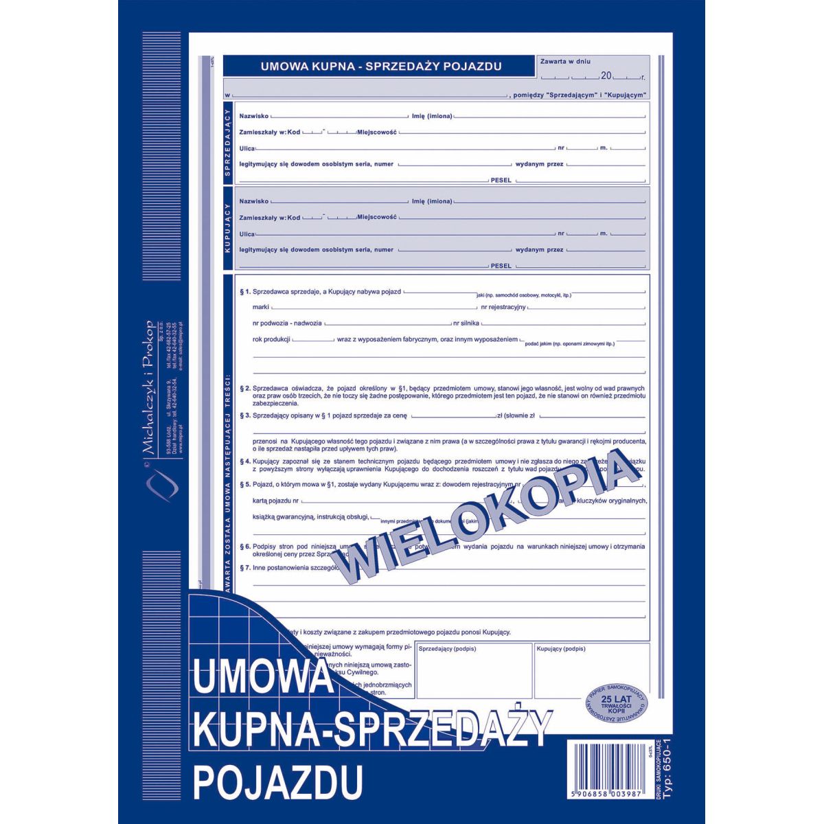 Druk samokopiujący Michalczyk i Prokop Umowa kupna-sprzedaży pojazdu A4 40k. (650-1)