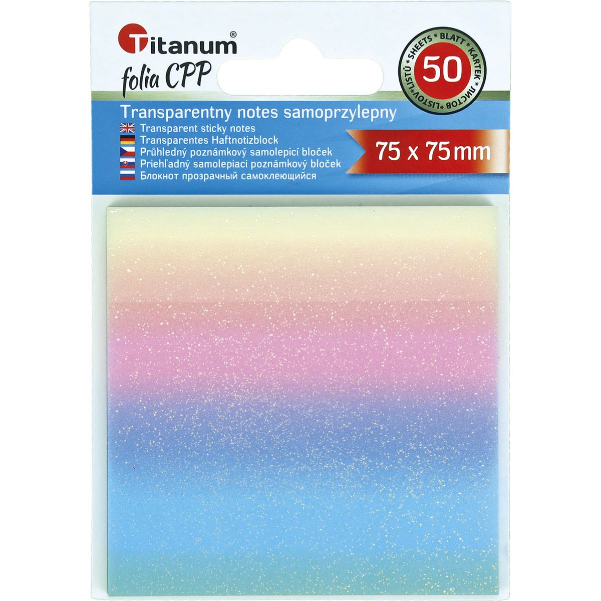 Notes samoprzylepny (karteczki) Titanum transparentne, z polipropylenu 75x75 mix 50k [mm:] 75x75