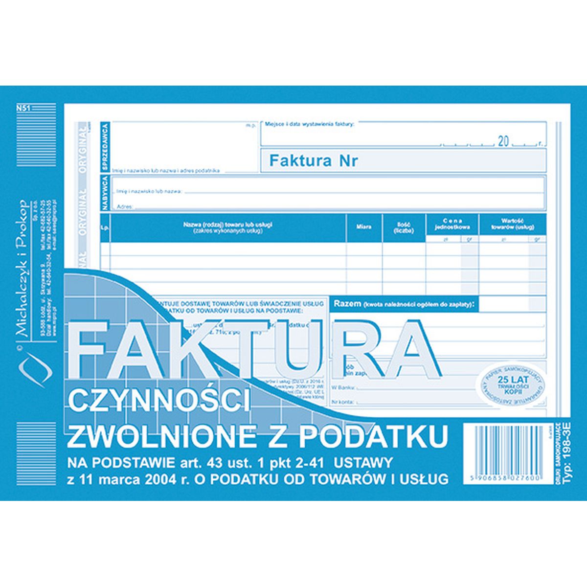 Druk offsetowy Faktura czynności zwolnione z podatku A5 80k. Michalczyk i Prokop (198-3E)