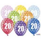 Balon gumowy gumowy 20 urodziny, mix kolorów 30 cm/6 sztuk mix 300mm Partydeco (SB14M-020-000-6)